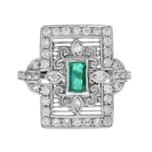 Emerald Diamond Rectangle Door Shape Scrollwork Edwardian Style White Gold Ring