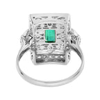 Emerald Diamond Rectangle Door Shape Scrollwork Edwardian Style White Gold Ring