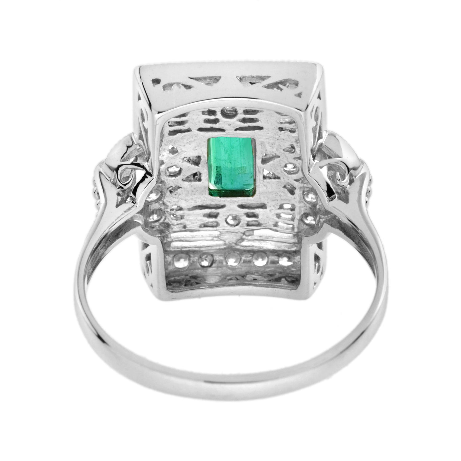 Emerald Diamond Rectangle Door Shape Scrollwork Edwardian Style White Gold Ring