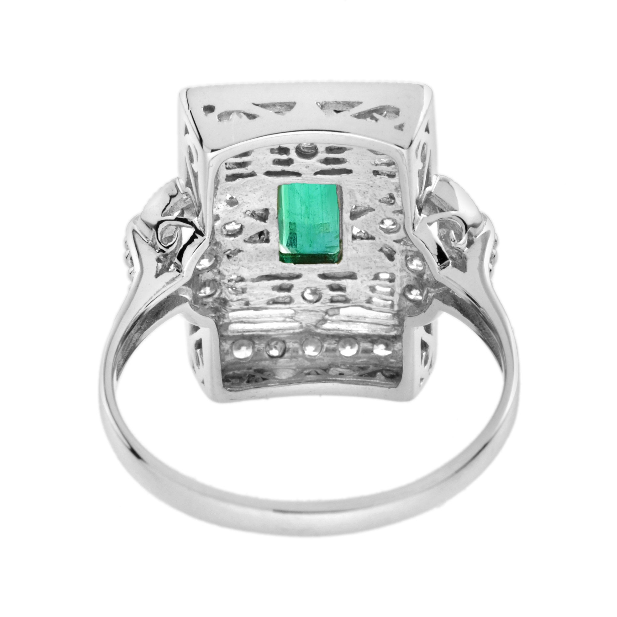 Emerald Diamond Rectangle Door Shape Scrollwork Edwardian Style White Gold Ring