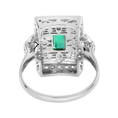 Emerald Diamond Rectangle Door Shape Scrollwork Edwardian Style White Gold Ring