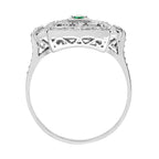 Emerald Diamond Rectangle Door Shape Scrollwork Edwardian Style White Gold Ring
