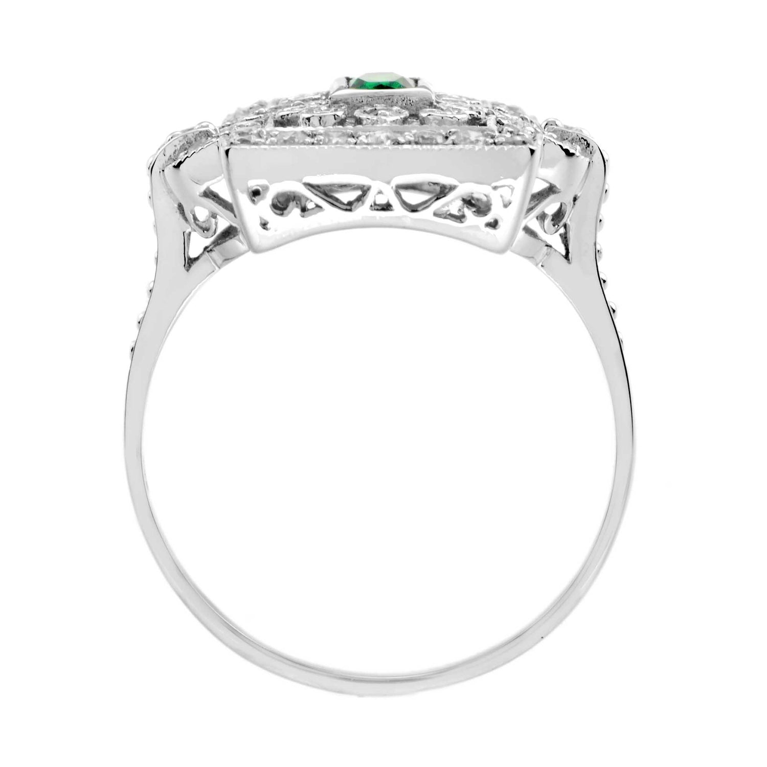 Emerald Diamond Rectangle Door Shape Scrollwork Edwardian Style White Gold Ring