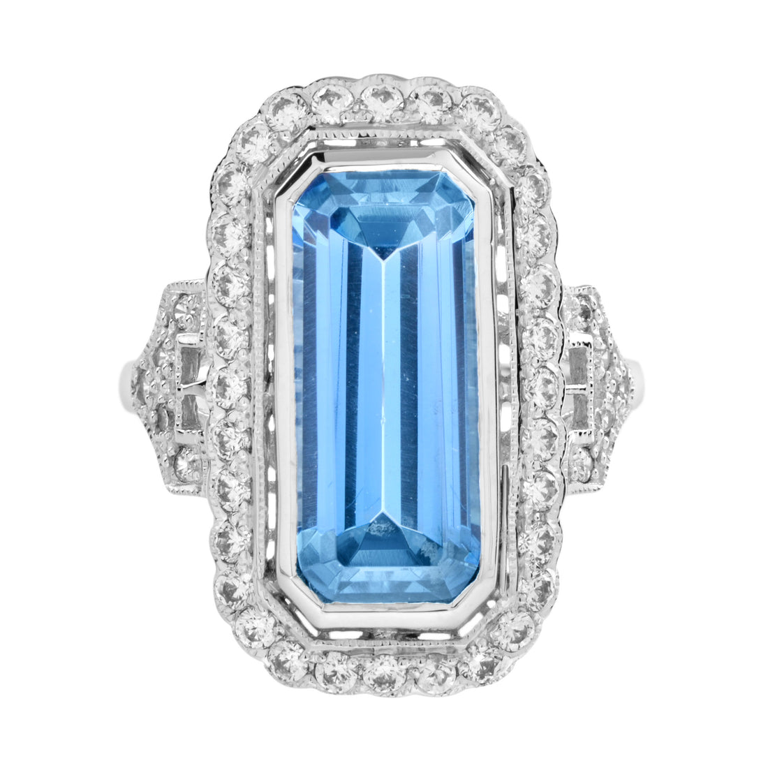 Elongated Emerald Cut Blue Topaz & Diamond Halo Set 14K White Gold Ring