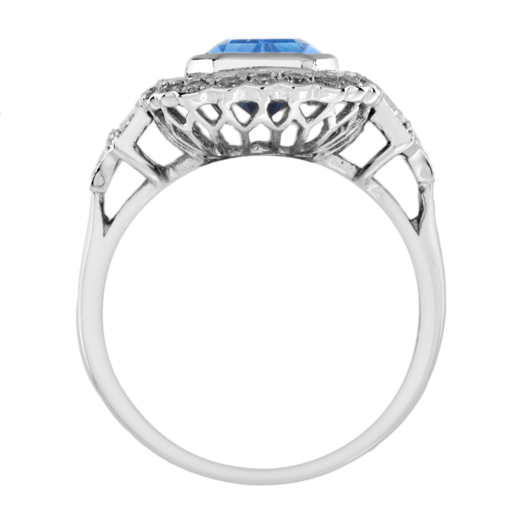 Elongated Emerald Cut Blue Topaz & Diamond Halo Set 14K White Gold Ring