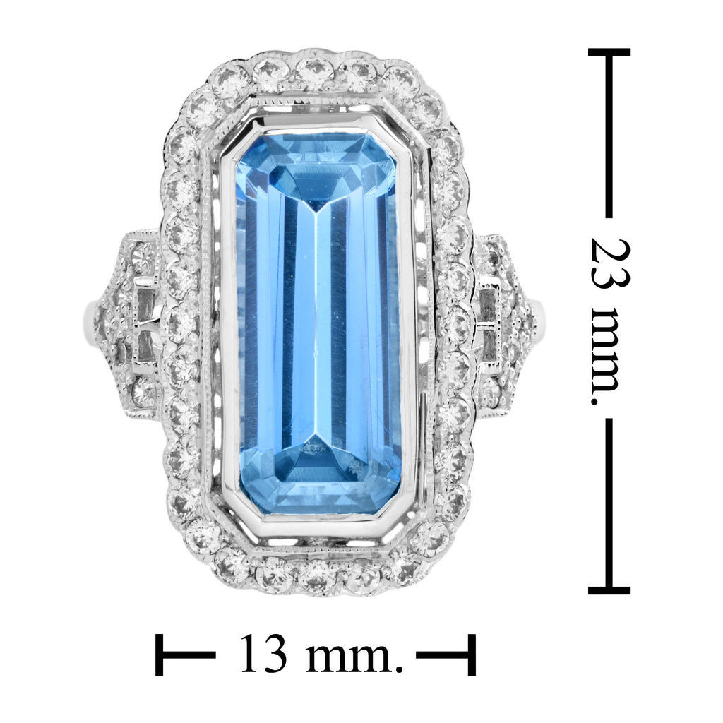 Elongated Emerald Cut Blue Topaz & Diamond Halo Set 14K White Gold Ring