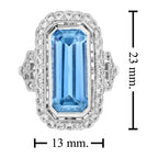 Elongated Emerald Cut Blue Topaz & Diamond Halo Set 14K White Gold Ring
