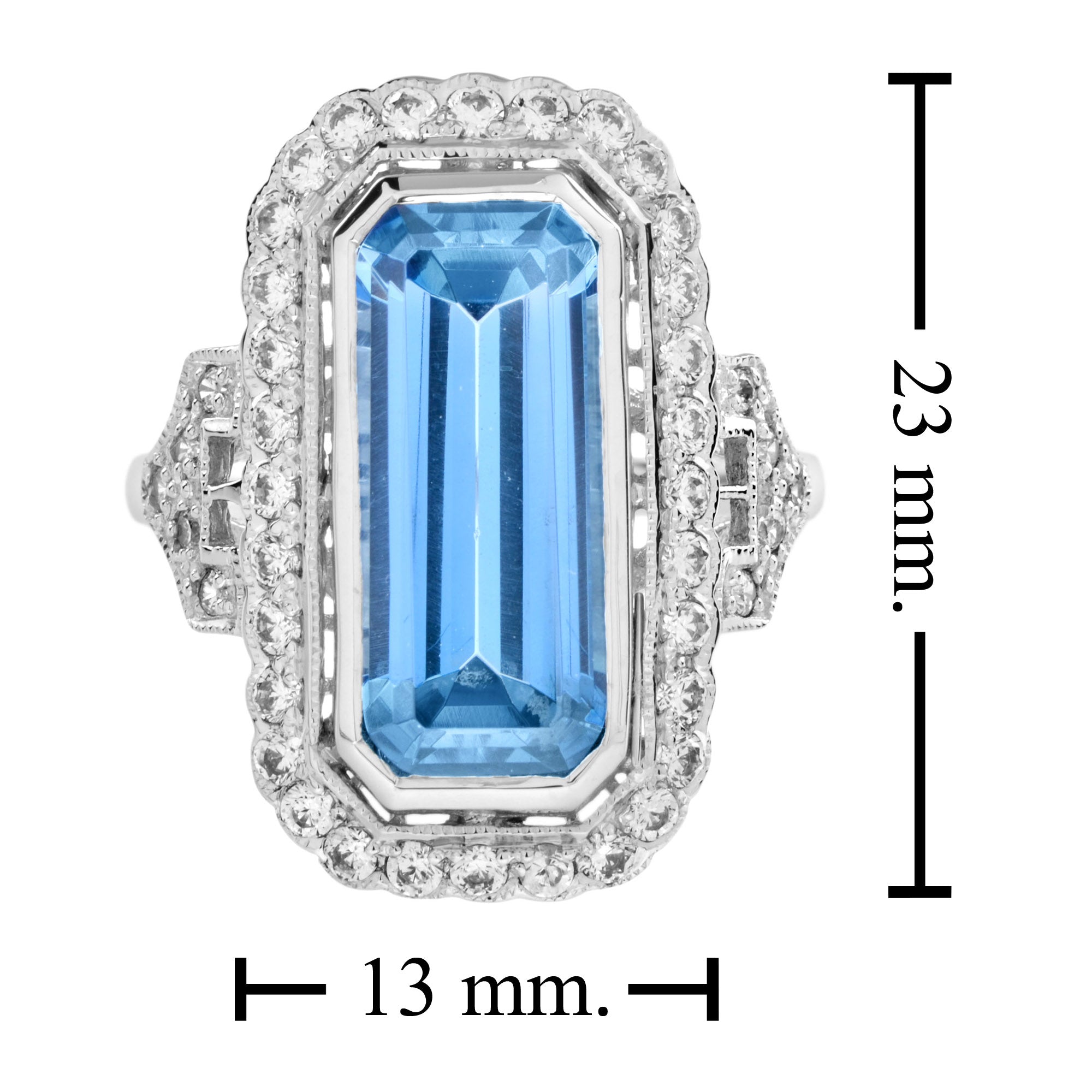 Elongated Emerald Cut Blue Topaz &amp; Diamond Halo Set 14K White Gold Ring