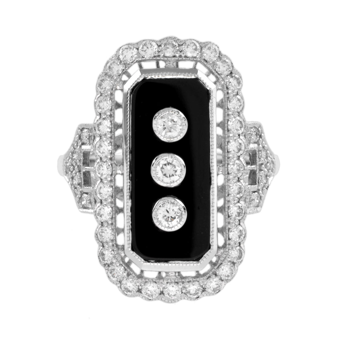 Art Deco Style Diamond & Black Onyx Shield Halo Set White Gold Ring