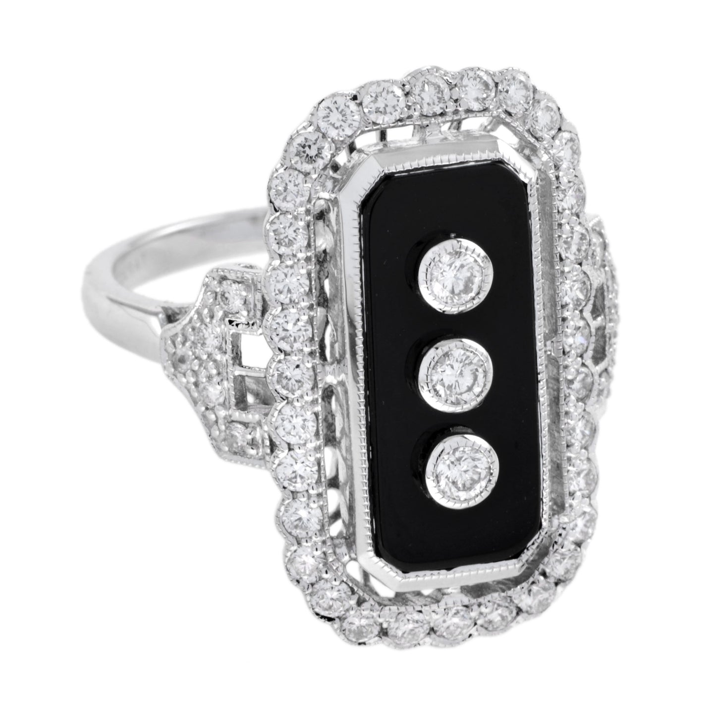 art deco style diamond & black onyx shield halo set white gold ring