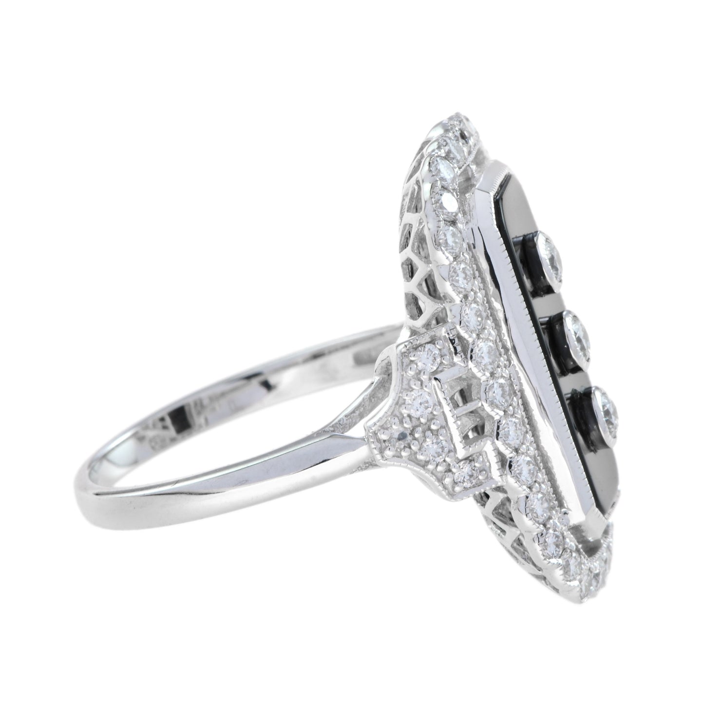 art deco style diamond & black onyx shield halo set white gold ring