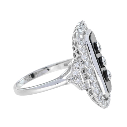 Art Deco Style Diamond & Black Onyx Shield Halo Set White Gold Ring