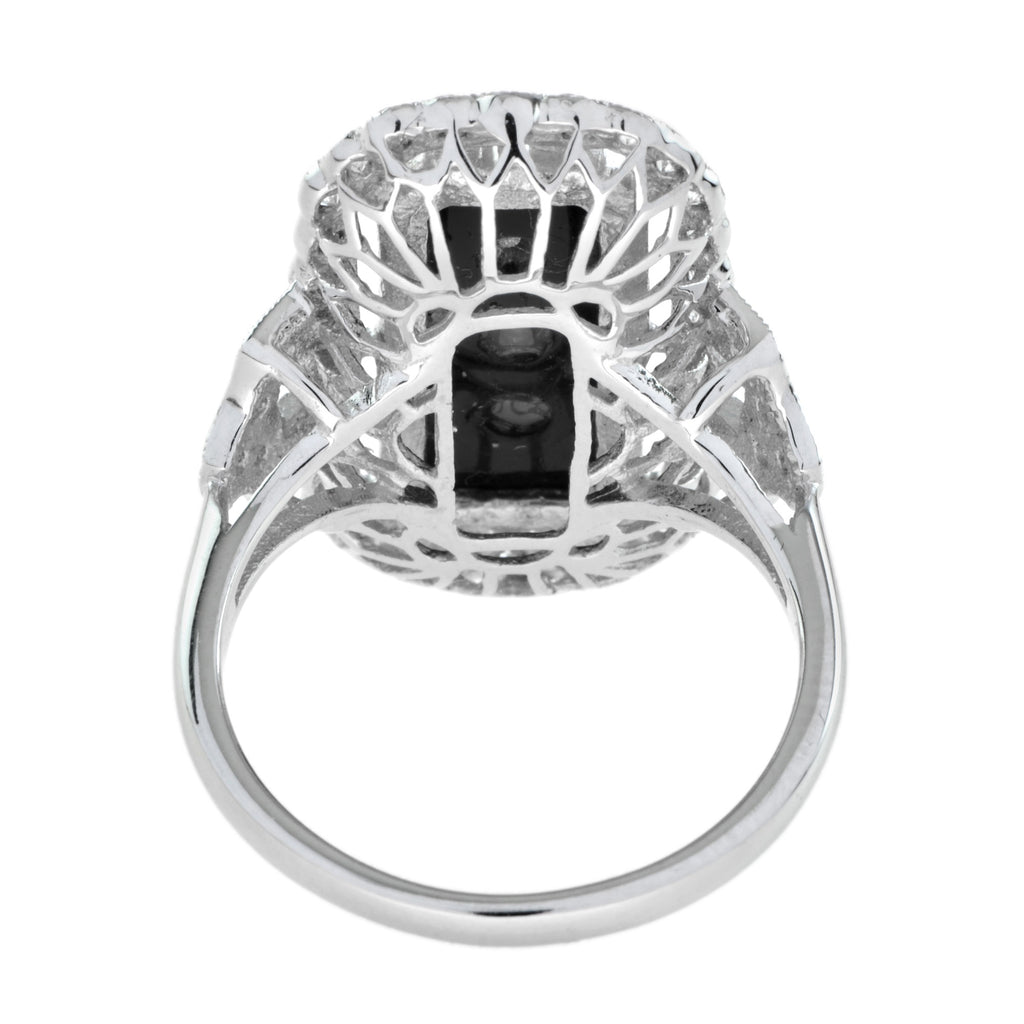 Art Deco Style Diamond & Black Onyx Shield Halo Set White Gold Ring