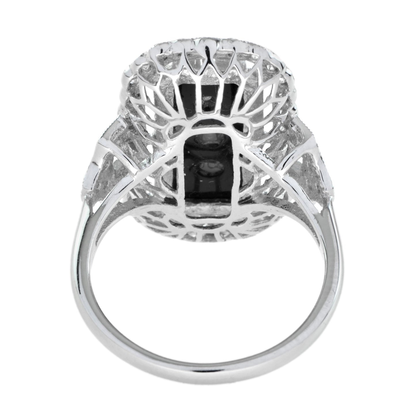 art deco style diamond & black onyx shield halo set white gold ring