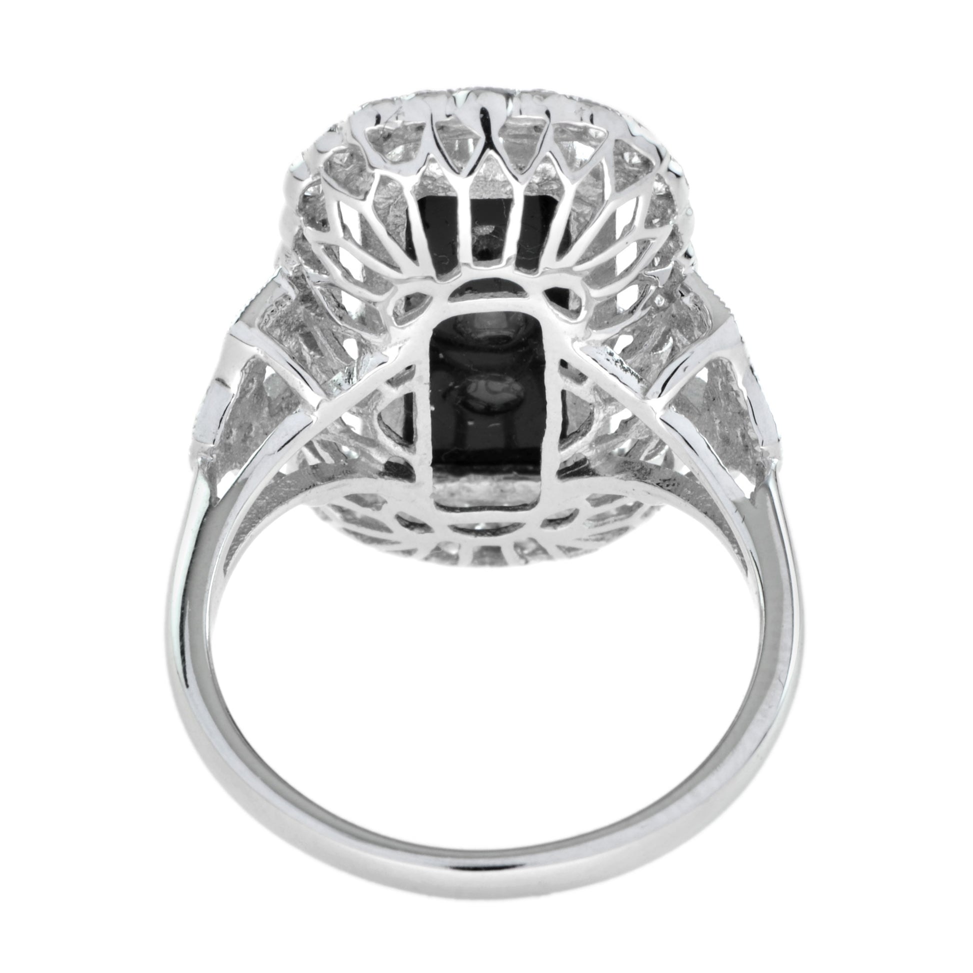 Art Deco Style Diamond & Black Onyx Shield Halo Set White Gold Ring