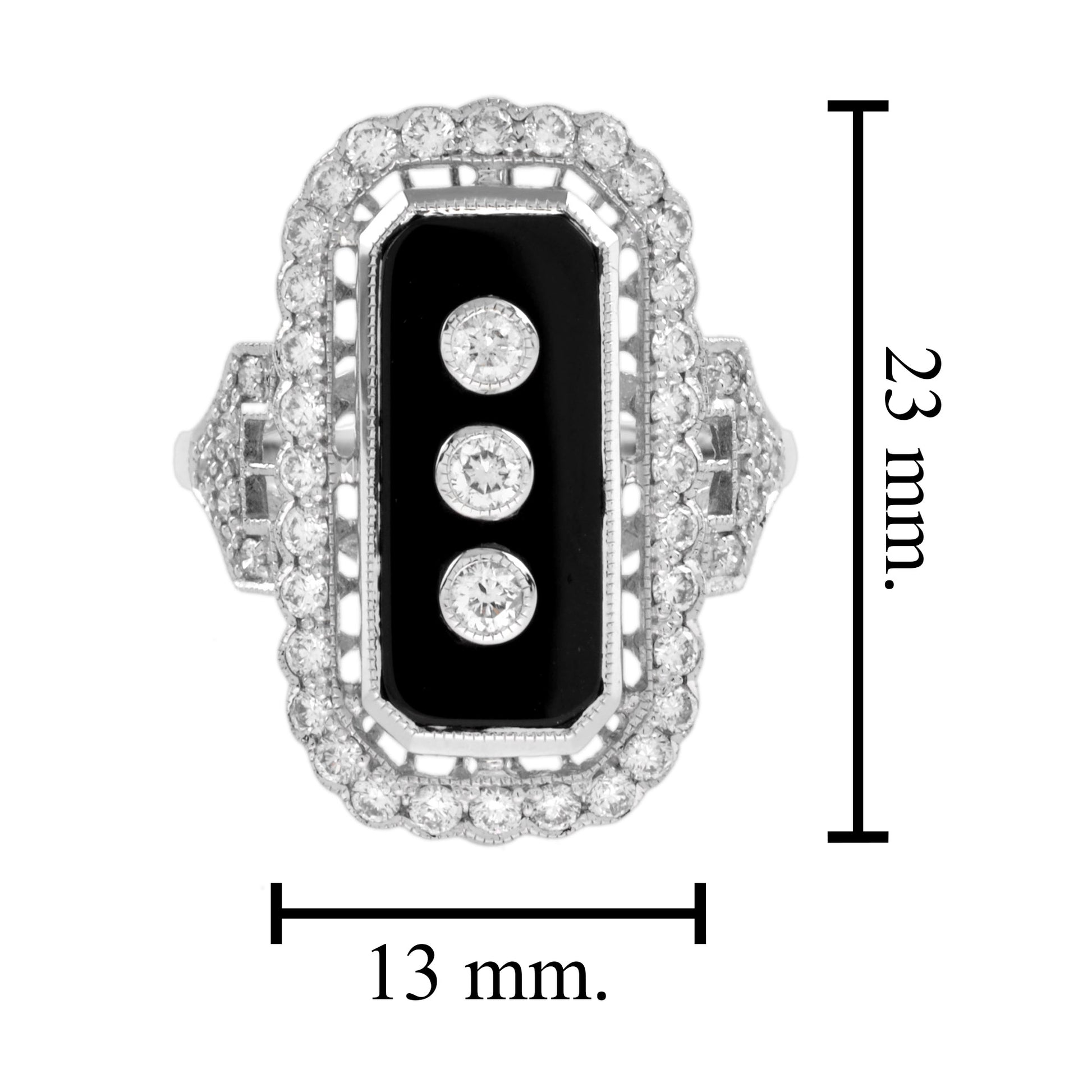 Art Deco Style Diamond & Black Onyx Shield Halo Set White Gold Ring