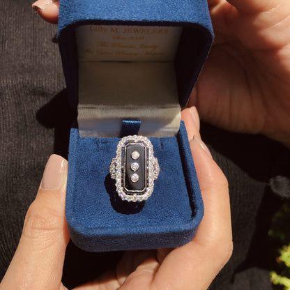 Art Deco Style Diamond & Black Onyx Shield Halo Set White Gold Ring