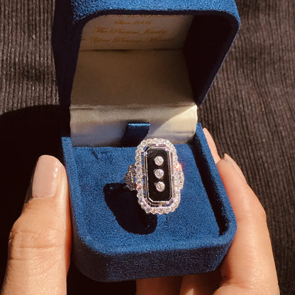 Art Deco Style Diamond & Black Onyx Shield Halo Set White Gold Ring