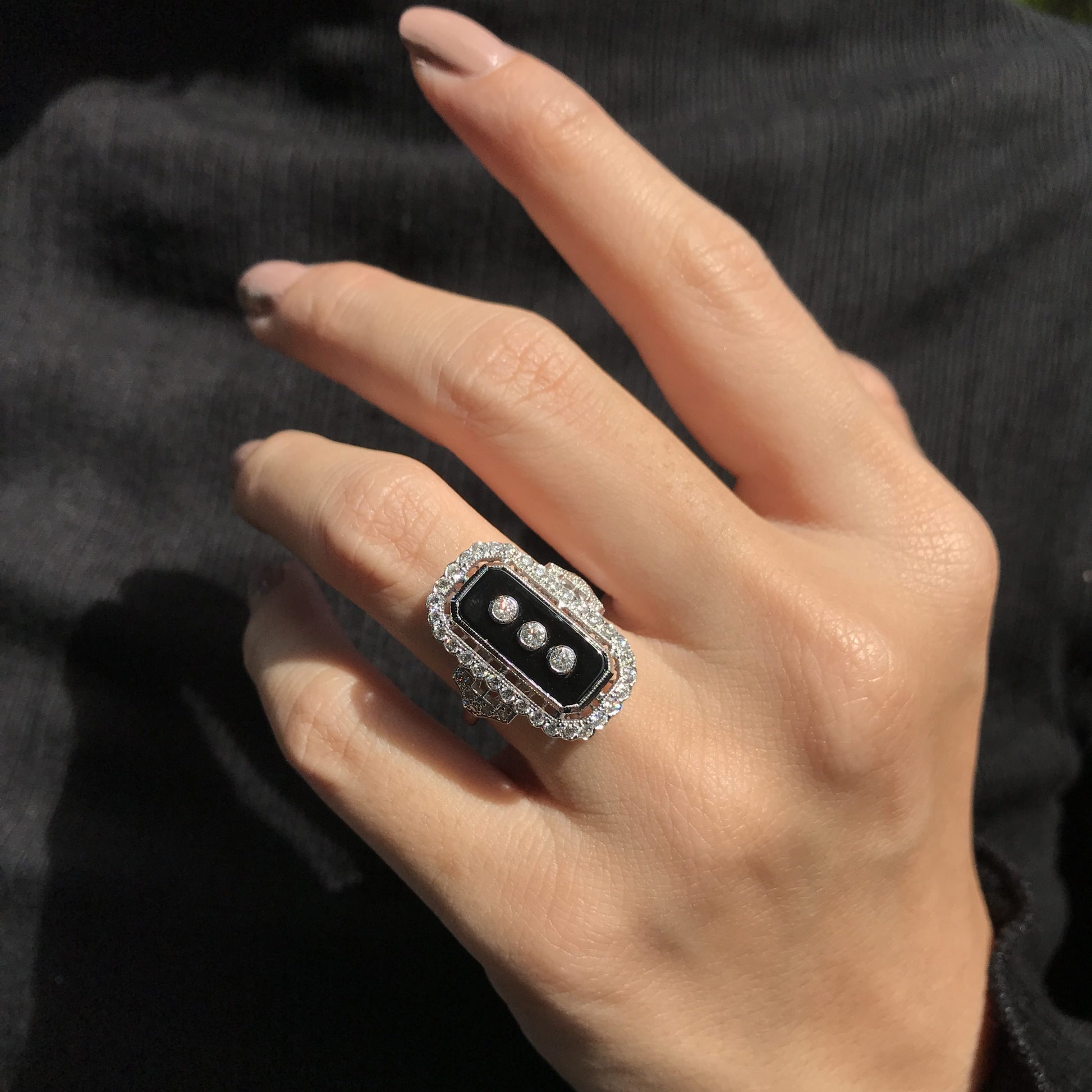 Art Deco Style Diamond & Black Onyx Shield Halo Set White Gold Ring