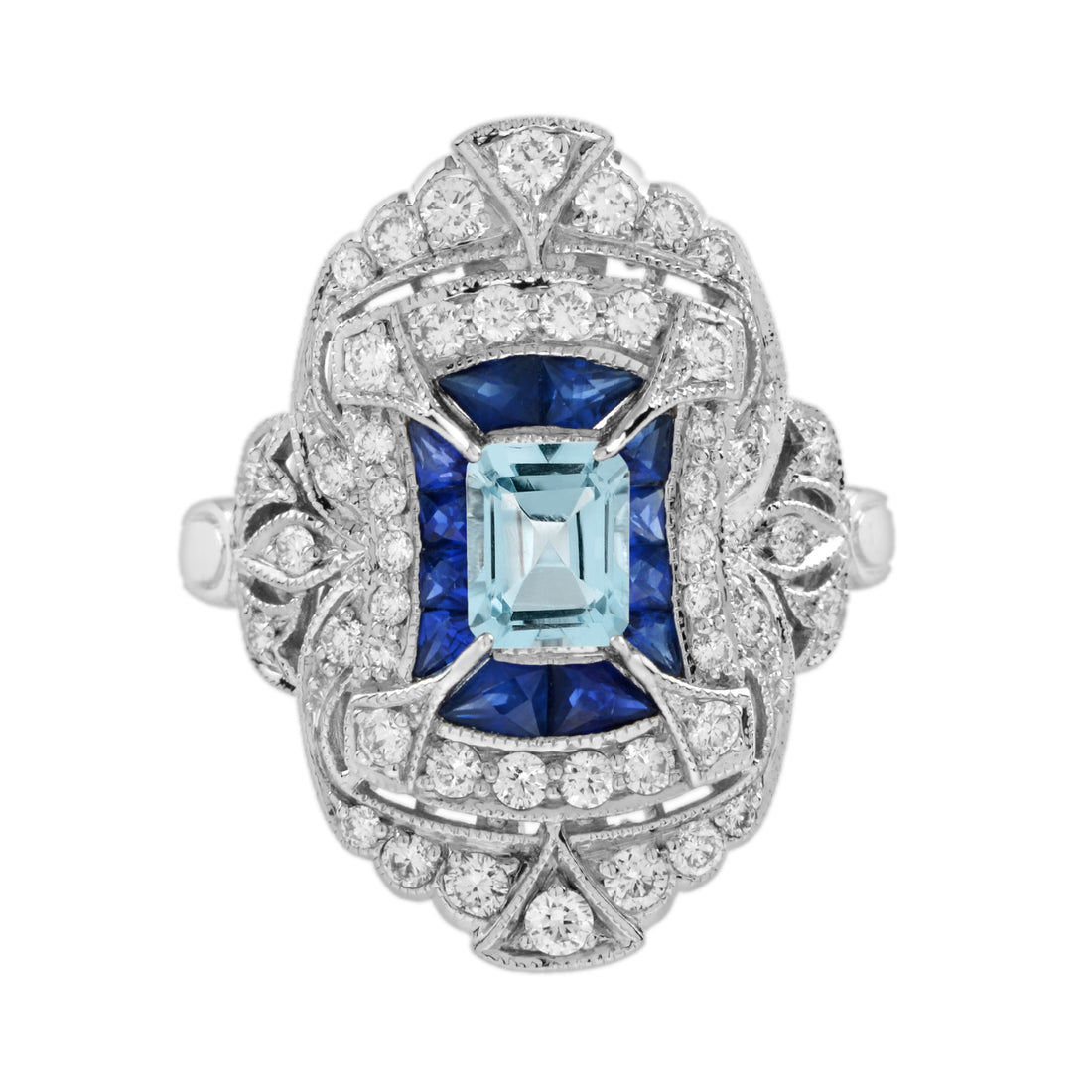 Blue Aquamarine Blue Sapphire Diamond Edwardian Style 18K White Gold Ring