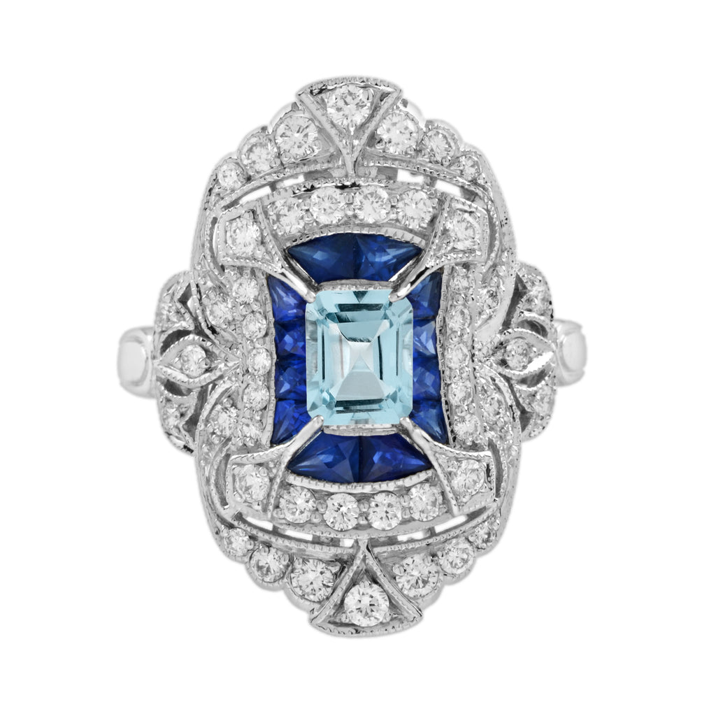 Көк аквамарин көк сапфир гауһар тасты Эдвард стиліндегі 18 каратты ақ алтын сақина