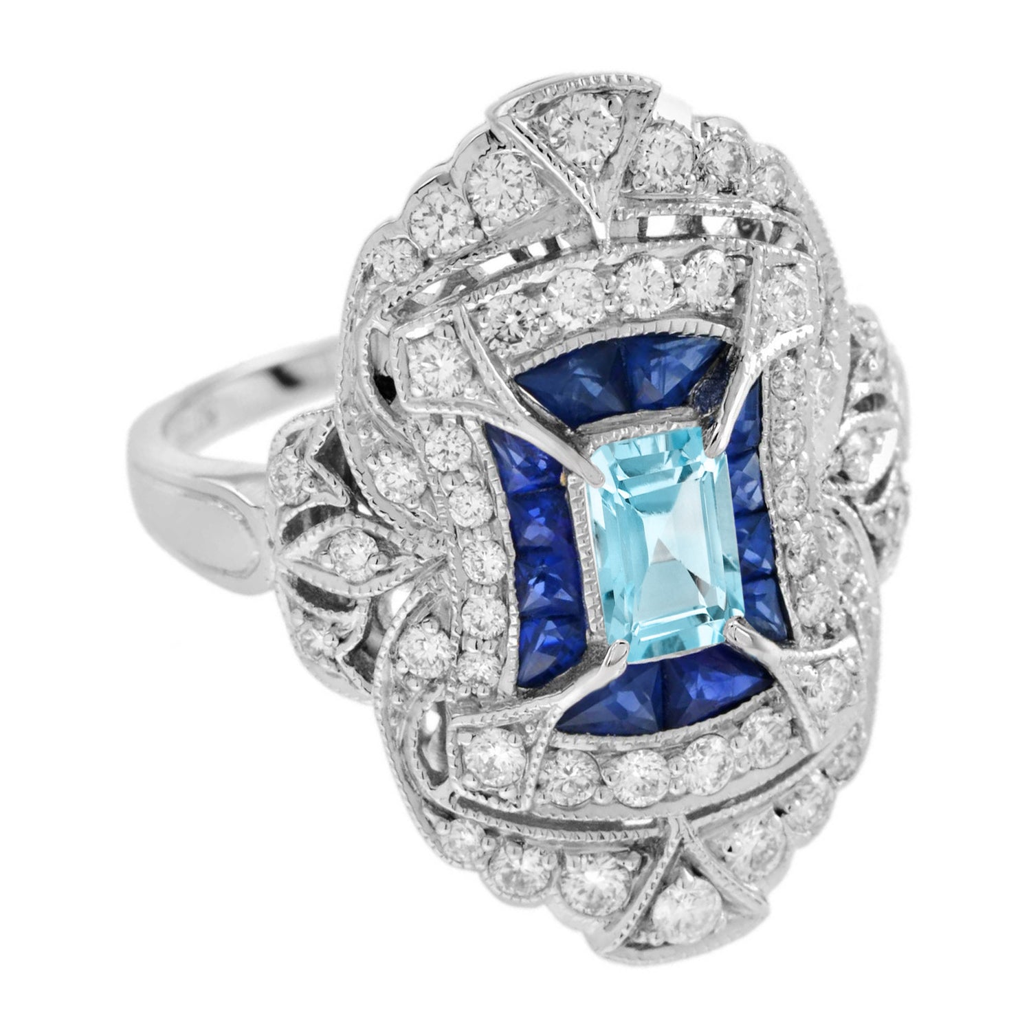 Blue Aquamarine Blue Sapphire Diamond Edwardian Style 18K White Gold Ring