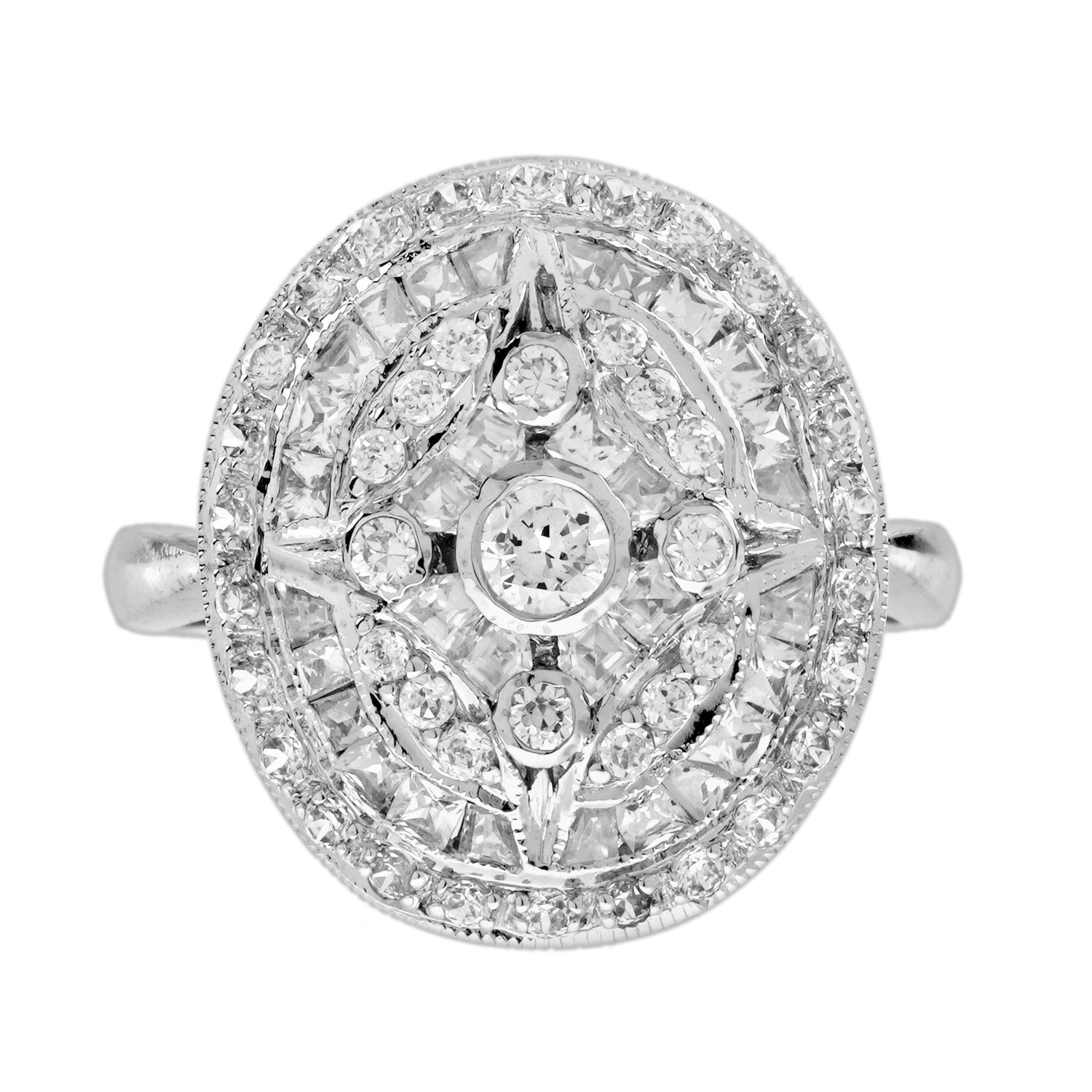Diamond Art Deco Style Engagement Pave Set Cluster 14K White Gold Ring