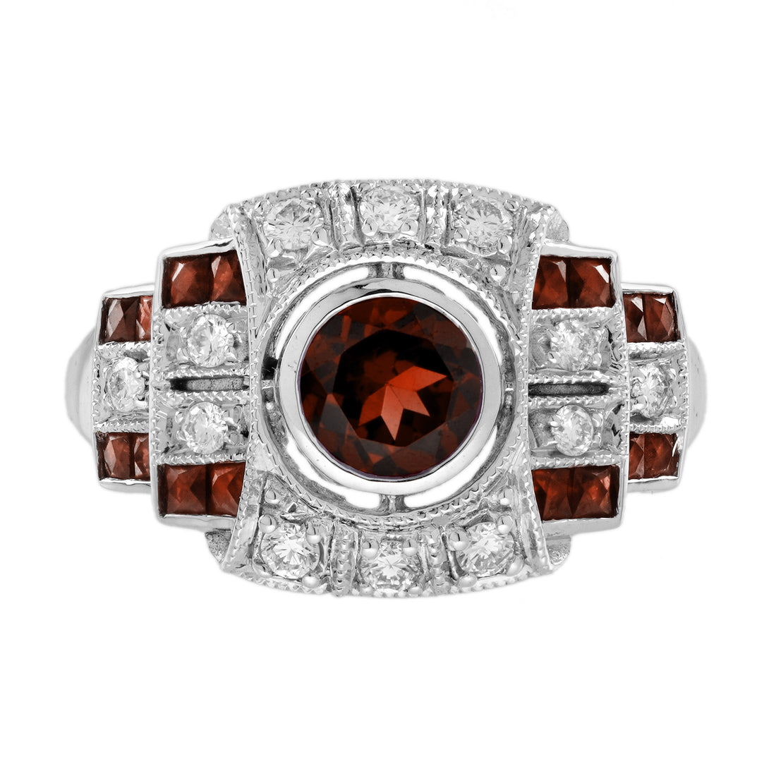 Round Red Garnet &amp; Diamond Vintage Inspired Art Deco Style White Gold Ring