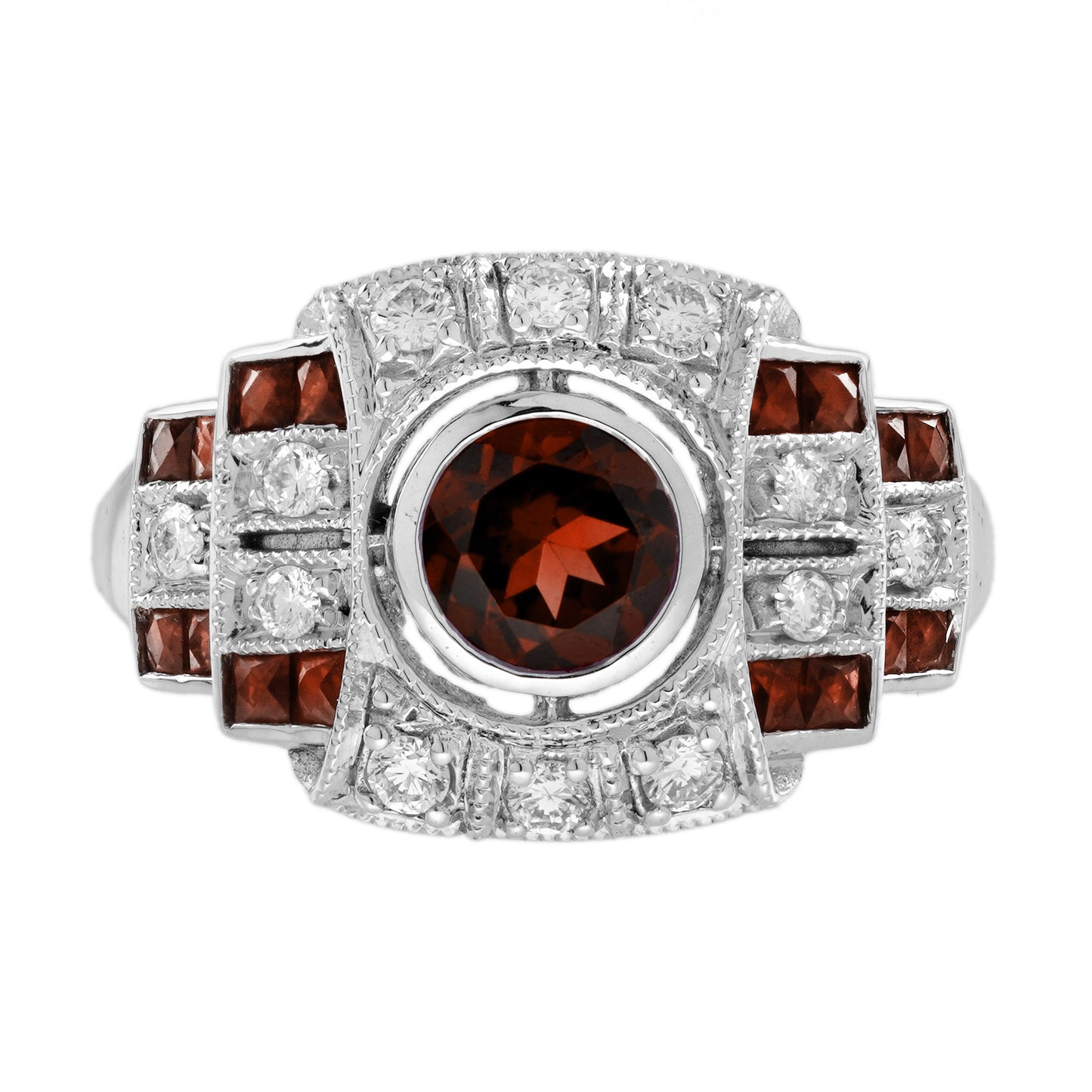 round red garnet & diamond vintage inspired art deco style white gold ring