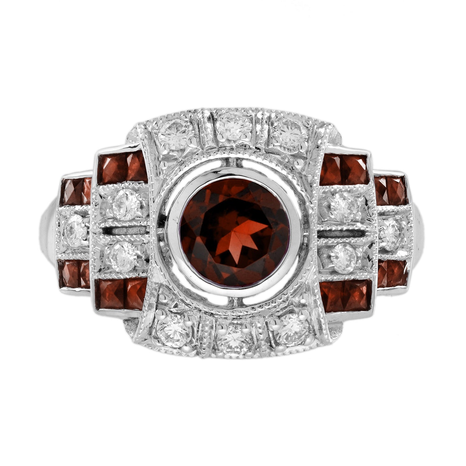 Round Red Garnet &amp; Diamond Vintage Inspired Art Deco Style White Gold Ring