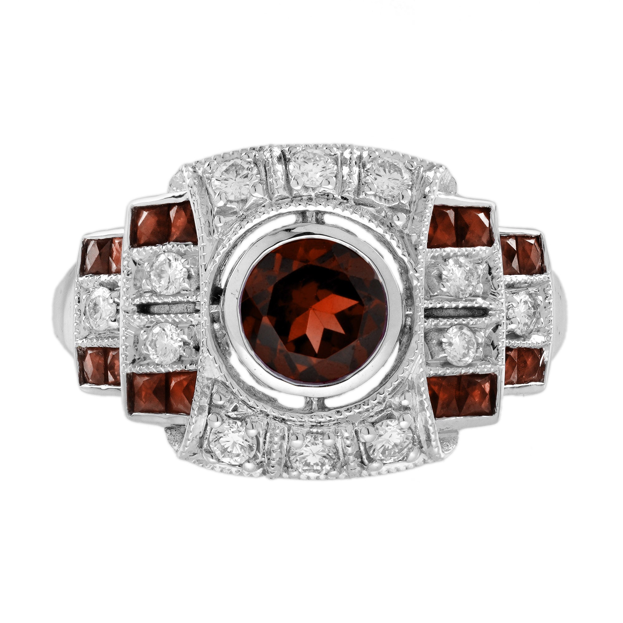 Round Red Garnet &amp; Diamond Vintage Inspired Art Deco Style White Gold Ring