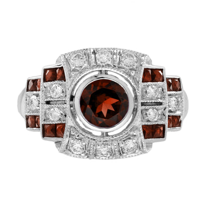 Round Red Garnet & Diamond Vintage Inspired Art Deco Style White Gold Ring
