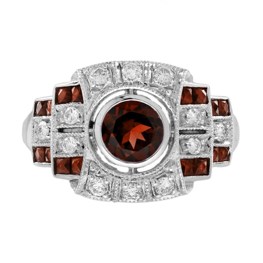 Round Red Garnet & Diamond Vintage Inspired Art Deco Style White Gold Ring