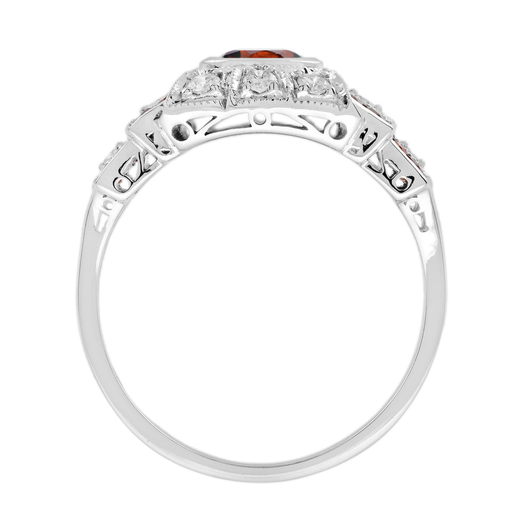Round Red Garnet & Diamond Vintage Inspired Art Deco Style White Gold Ring