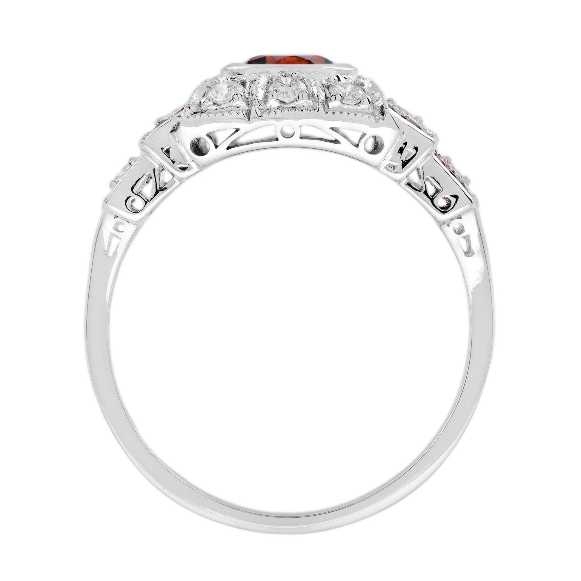 Round Red Garnet & Diamond Vintage Inspired Art Deco Style White Gold Ring