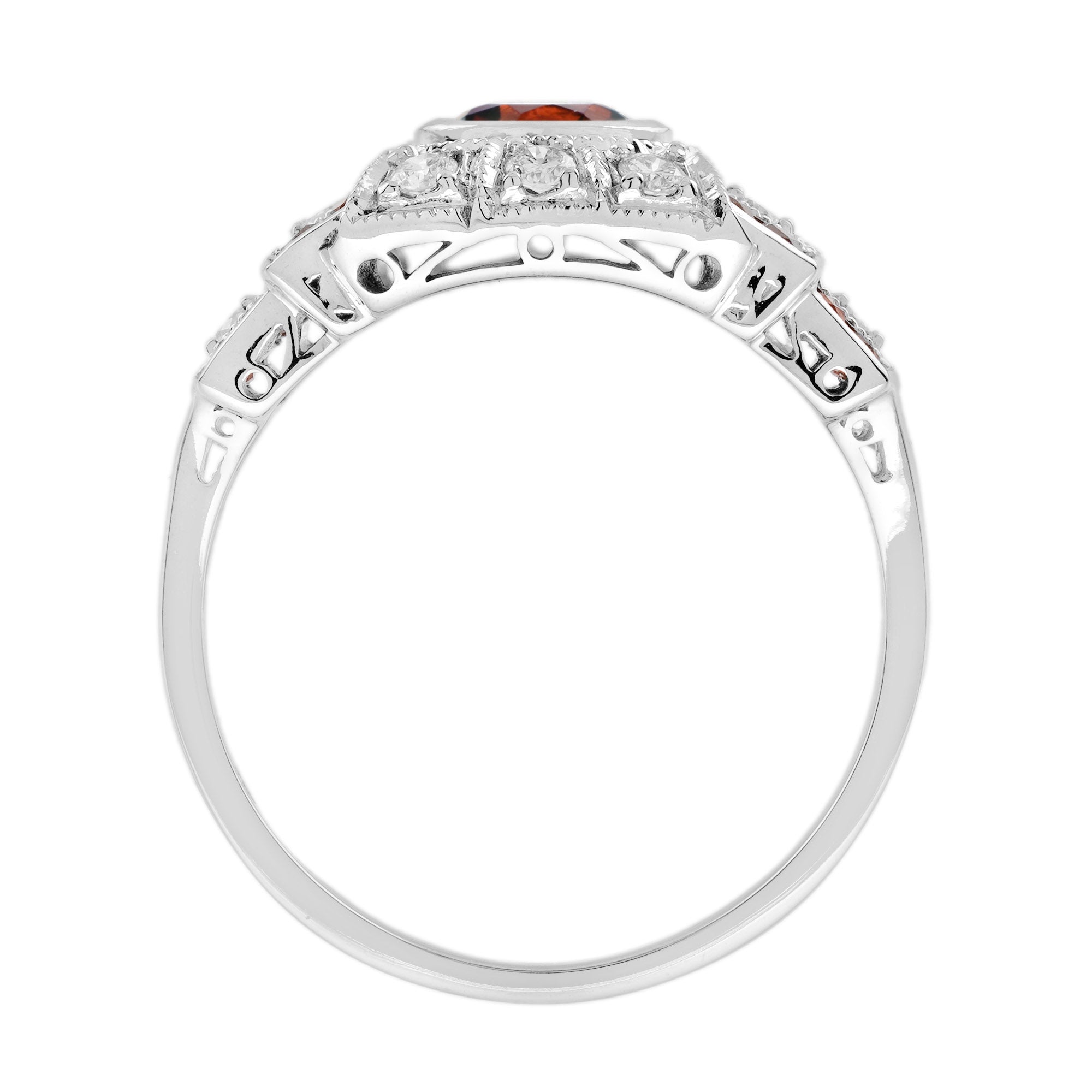 Round Red Garnet &amp; Diamond Vintage Inspired Art Deco Style White Gold Ring
