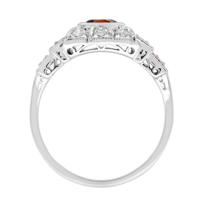 Round Red Garnet & Diamond Vintage Inspired Art Deco Style White Gold Ring