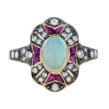 Oval Opal & Ruby and Diamond Art Deco Style Halo Set Yellow Gold Ring