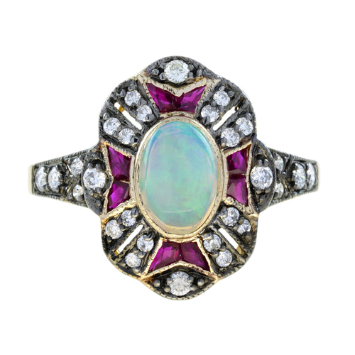 Oval Opal & Ruby and Diamond Art Deco Style Halo Set Yellow Gold Ring