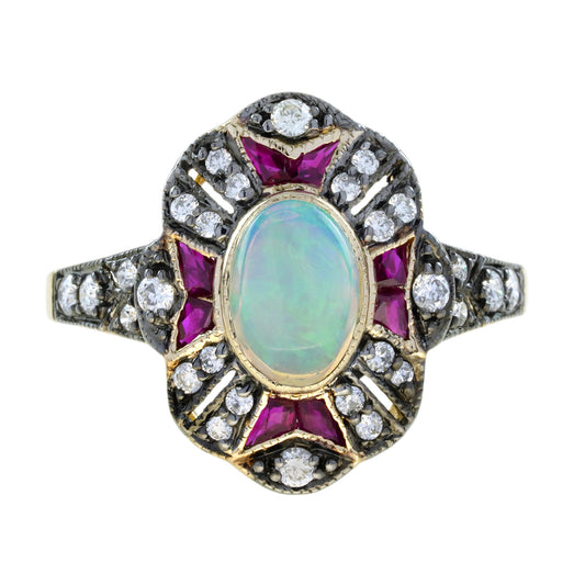Oval Opal & Ruby and Diamond Art Deco Style Halo Set Yellow Gold Ring
