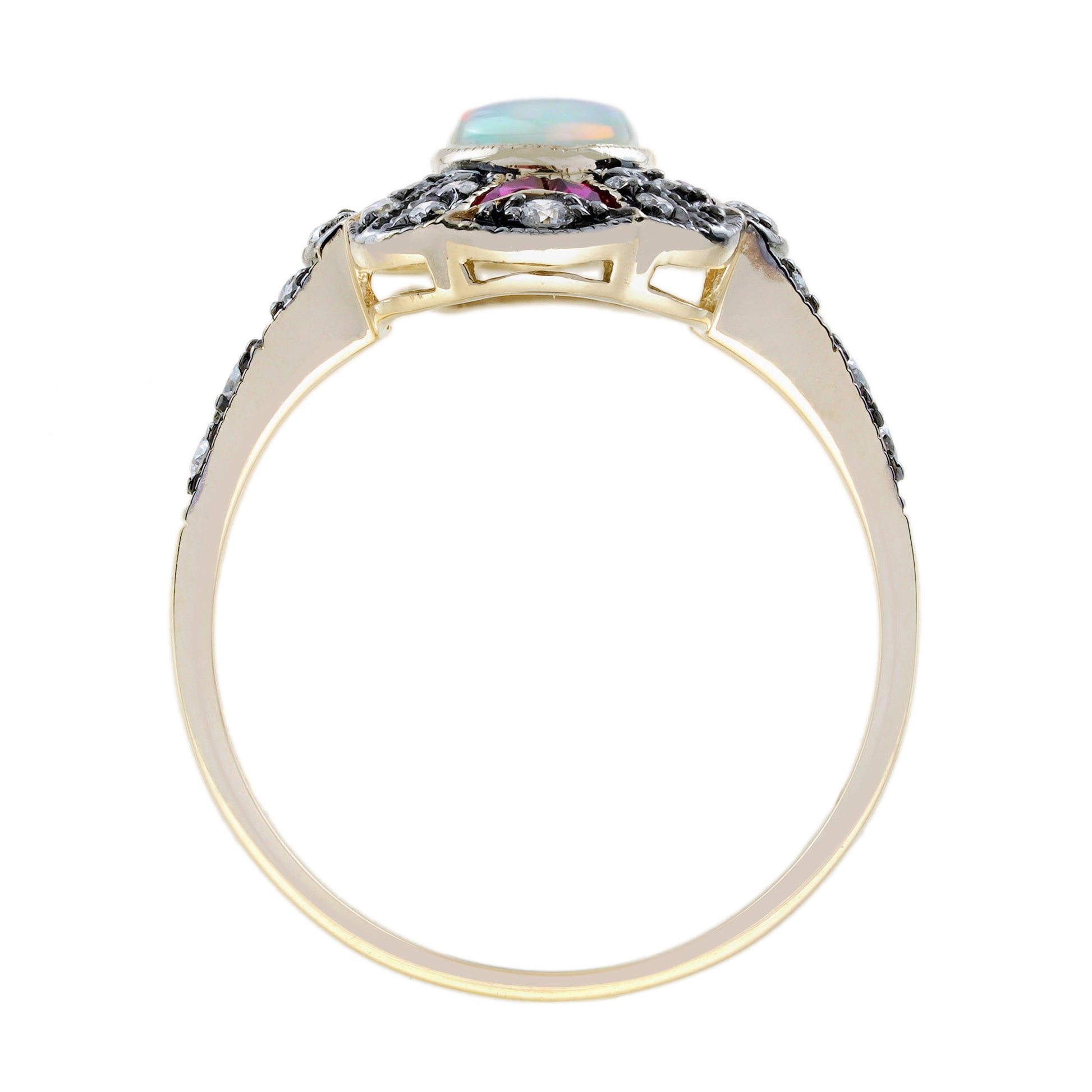 Oval Opal & Ruby and Diamond Art Deco Style Halo Set Yellow Gold Ring