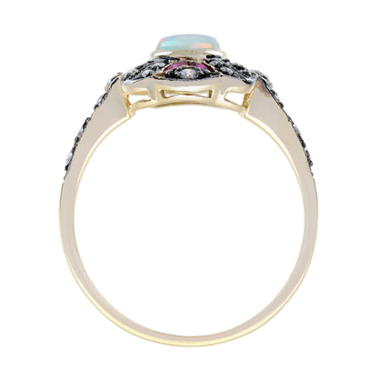 Oval Opal & Ruby and Diamond Art Deco Style Halo Set Yellow Gold Ring