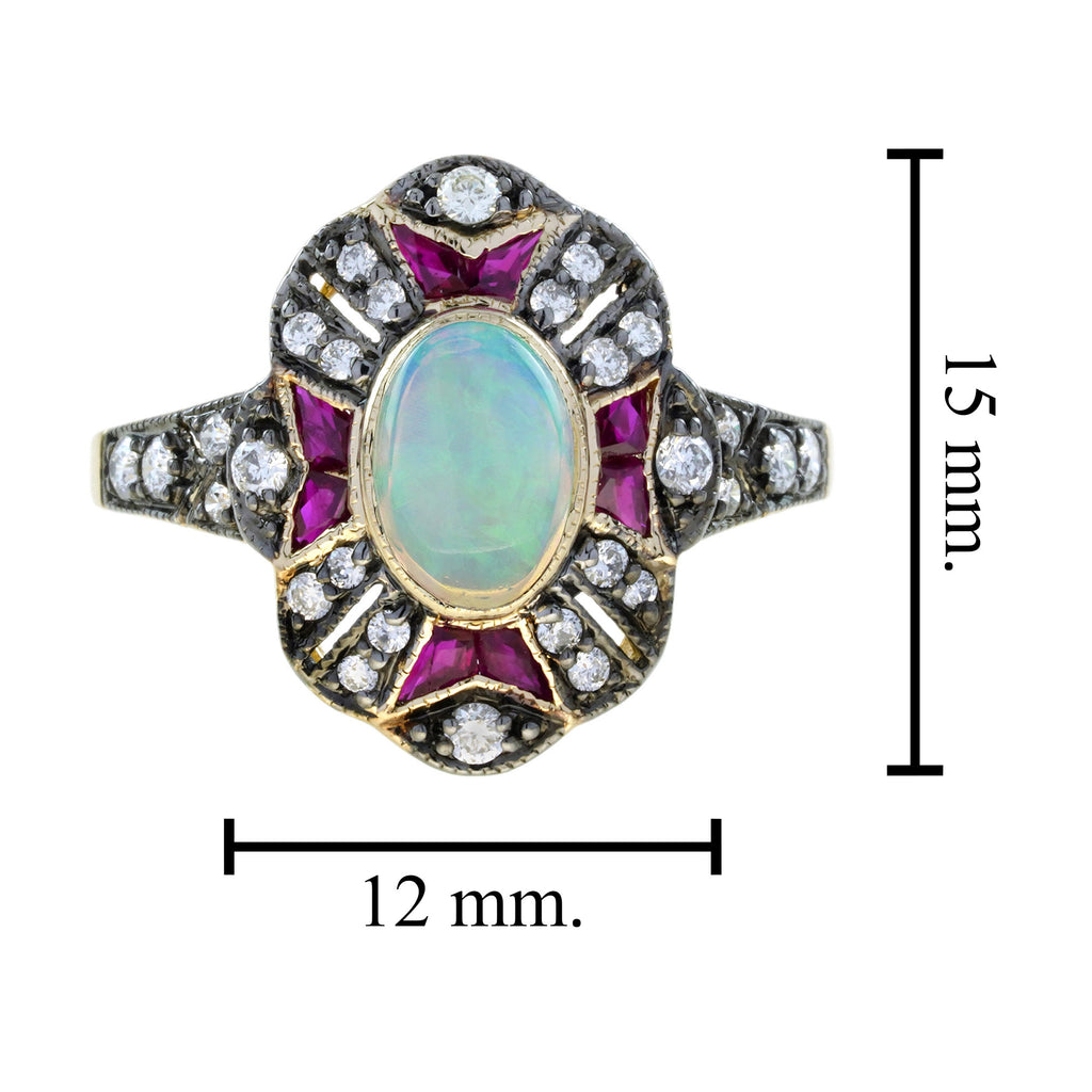 Oval Opal & Ruby and Diamond Art Deco Style Halo Set Yellow Gold Ring