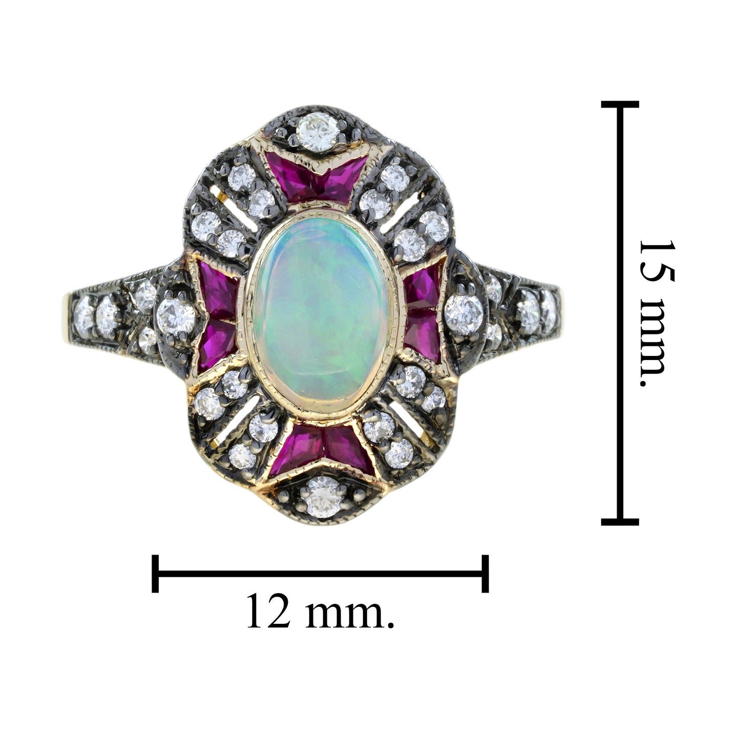 oval opal & ruby and diamond art deco style halo set yellow gold ring