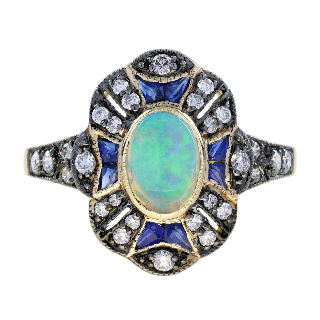 Oval Opal & Sapphire and Diamond Art Deco Style Halo Yellow Gold Ring