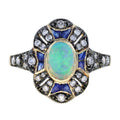 1.35 ctw Art Deco Style Blue Sapphire, Opal & Diamond 14K Yellow Gold Halo Ring