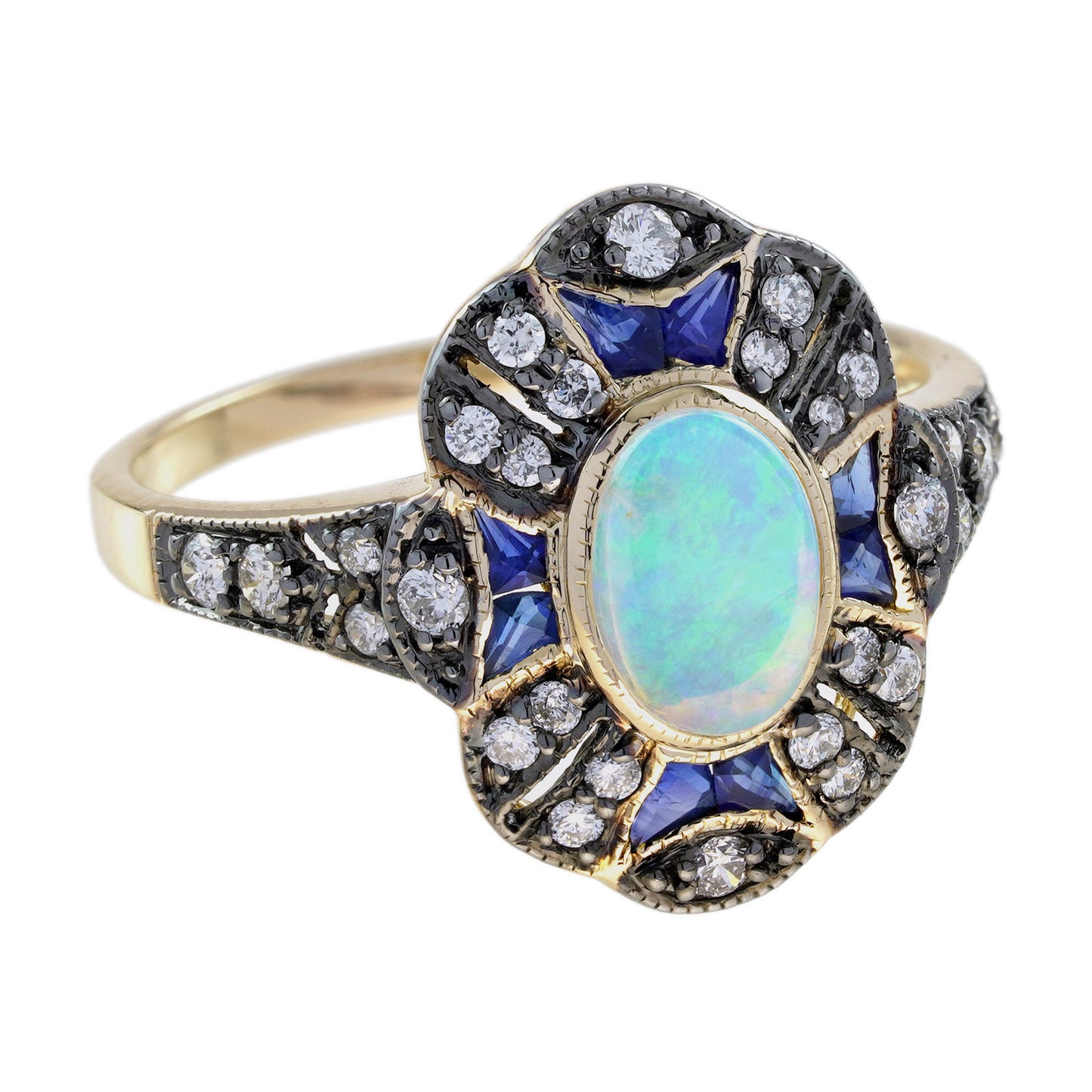 oval opal & sapphire and diamond art deco style halo yellow gold ring