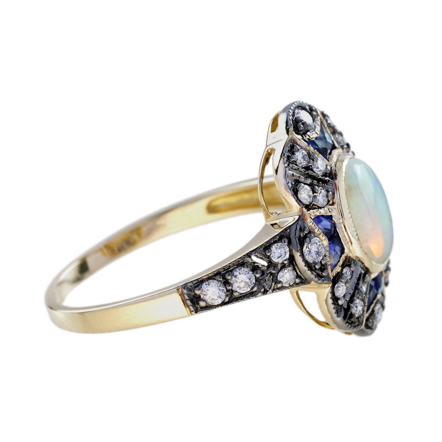 oval opal & sapphire and diamond art deco style halo yellow gold ring