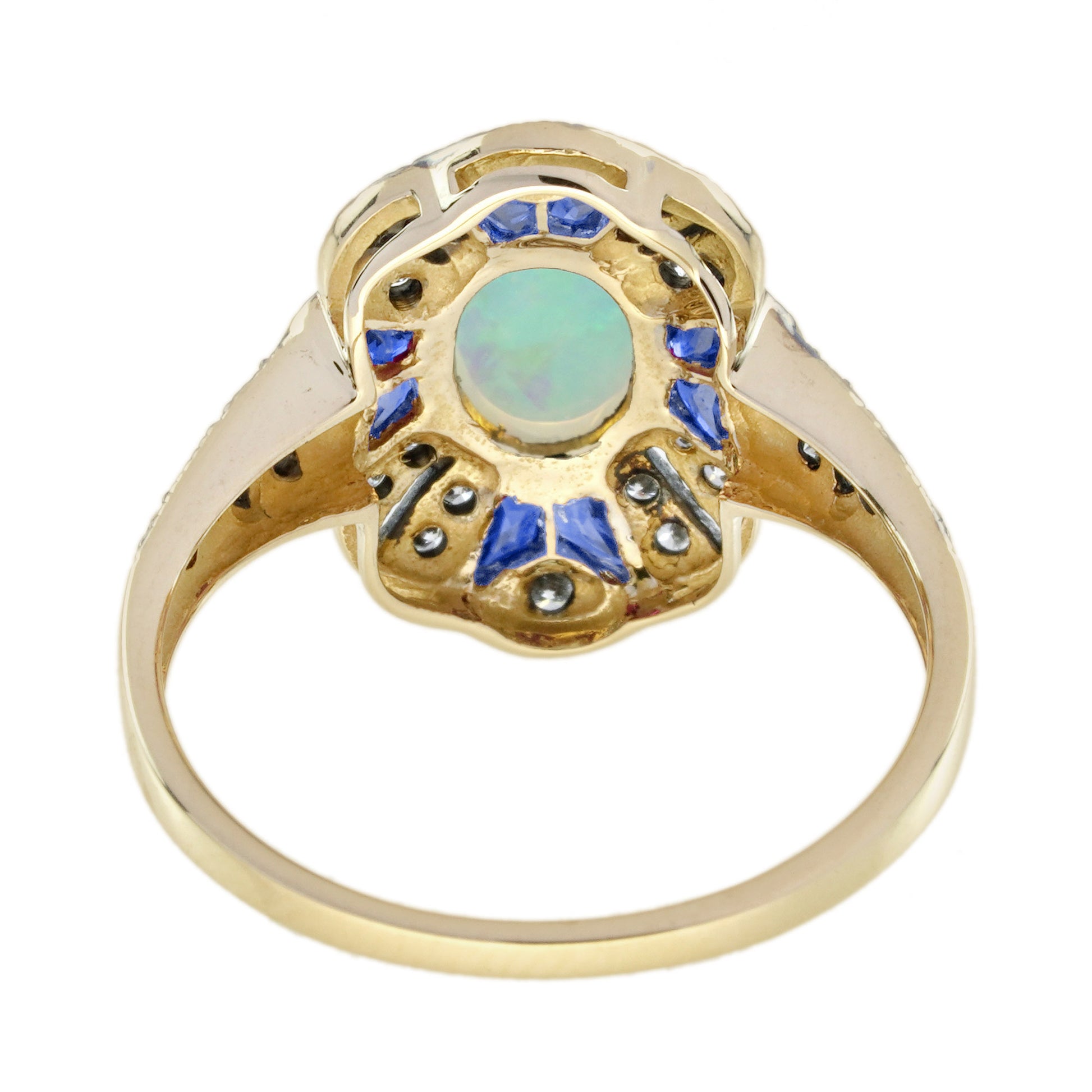 Oval Opal & Sapphire and Diamond Art Deco Style Halo Yellow Gold Ring