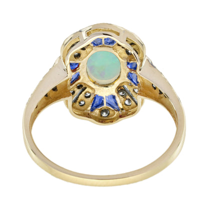 Oval Opal & Sapphire and Diamond Art Deco Style Halo Yellow Gold Ring